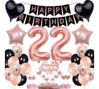 22nd Birthday Decorations for Women - Rose Gold Black Cake Topper Set With Banner and Gift