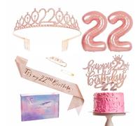 22nd Birthday Decorations Set - Rose Gold 22nd Birthday Sash and Tiara Party Crown, Cake Topper and Candles, Number 22 Foil Balloons, Party Supplies, 22nd Year Old Gifts for Her Girl