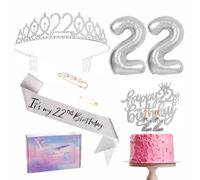 22nd Birthday Decorations Set Silver 22nd Birthday Sash and Tiara Party Crown, Cake Topper and Candles, Number 22 Foil Balloons, Party Supplies, 22nd Year Old Gifts for Her Women