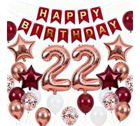 22nd Birthday Party Decorations Rose Gold for Women, Happy Birthday Banner Rose Red Number 22 Star Foil Balloons 22nd Birthday Confetti Balloons for Women 22 Years Old Birthday Party (22nd)