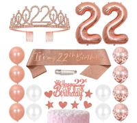 22nd Birthday Sash Princess Crown Queen Tiara Rhinestone Headbands Cake Toppers Number 22 Helium Balloons Rose Gold Latex Balloon 22 Birthday Decoration for Women 22 Year Old Birthday Party Supplies