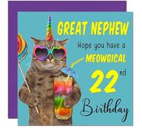 22nd Great Nephew Birthday Card - Meowgical Cat Funny Birthday Card for 22 Year old Twenty Two, Twenty Second