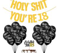 22PCS 18th Birthday Decorations, Funny Birthday Party Decor Sign Banner with Cake Topper and Abusive Balloons for Party Supplies, Holy Shit You're 18 Birthday Decoration