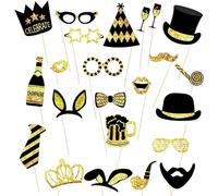 22PCS Birthday Party Photo Props Black And Gold Photo Booth Props And Signs Prom Photobooth Party Props Moustache Glasses Hats Crowns Photo Props Birthday Selfie Props For Adult Kid Wedding Engagement