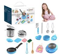22Pcs Children's Cooking Mini Kitchen Toys,Kids Kitchen Set, Food-Grade Stainless Steel Kids Cooking Sets,Kids Real easy Bake Cook Set, Cooking Play Pots,Pans,Accessories,Tool (Blue)