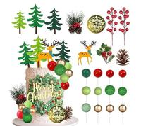 22Pcs Christmas Cake Decorations Xmas Cake Toppers Merry Christmas Cake Topper with Mini Foam Balloon ChristmasTree Pine Cone Berry Reindeer for Holiday Theme Holiday Party