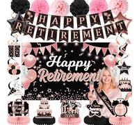22PCS Happy Retirement Party Decorations for Men and Women- Rose and Gold Banner, Backdrop Card, Sash, Hanging Swirls, Foil Balloons, Honeycomb Centerpieces