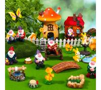 22Pcs Miniatures Fairy Gnome Resin Figures Mini Gnome Garden Accessories Mushroom Figure Fake Pond Lawn Bridge Figurines Micro Landscape Ornaments Fairy Garden Accessories for Indoor Outdoor