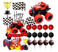 22PCS Race Car Cake Decorations - Checkered Flag & Trophy Toppers for Two Fast/Fast One Birthday, Reusable PVC Racing Theme Party Supplies for Boys Toddler