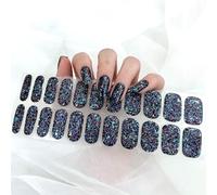 22PCS Semi Cured Gel Nail Polish Strips, Soft Self-Adhesive Gel Nail Stickers, French Tip Salon-Quality Gel Nail Wraps Glossy Women Girls Nail Art Accessories, UV/LED Lamp Required - Glitter Black