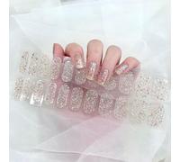 22PCS Semi Cured Gel Nail Polish Strips, Soft Self-Adhesive Gel Nail Stickers, French Tip Salon-Quality Gel Nail Wraps Glossy Women Girls Nail Art Accessories, UV/LED Lamp Required - Glitter Silver