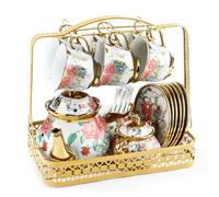 22Pcs Vintage Tea Set for Adults - European Style Porcelain Bone China Afternoon Tea Sets with Teapot, Sugar Bowl, Milk Jug, 6 Cups & Saucers, Gold Floral Design, Complete Tea Service for Women, Party