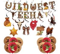22Pcs Western Cowboy Decoration Set, Cowboy Theme YEEHAW Banner, Hanging Swirls & Latex Balloons for Adults Saloon Rodeo, Country Music Hen Do & Rustic Photo Booth Props