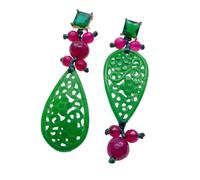 22x40mm Carved Green Jade 6mm-8mm Fuchsia Agate Green Stud Drop Earrings