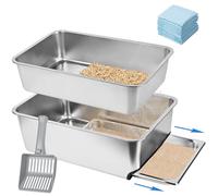 23.5''x15.7''x8'' Stainless Steel Litter Box, XXL Pull-Out Sifting Litter Box for Pine Pellets, High Sides Metal Litter Box System for Big Cats with Plastic Scoop &10 Urine Pads (8 Inch)