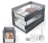 23.6" x 15.7" x 6" Stainless Steel Litter Box with Litter Box Enclosure Splash Guard for Big Cats, Multi-Cats, High Sided Sifting Litter Box for Non-clumping Litter, Easy Cleaning for Long-Lasting