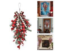 23.6in Christmas Teardrop Wreath with Checkered Fabric Bows And Red Balls,Christmas Wreaths for Front Door,Teardrop Garland with Lights Hanging for Tree,Home Decoration Indooroutdoor (B)