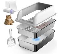 23.6''x16''x12'' Enclosed Stainless Steel Cat Litter Tray with Lid, XL Sifting Litter Box for Pine Pellets, High Sides Metal Litter Tray System for Big Cats, Anti-Leakage, Easy Cleaning, Less Tracking