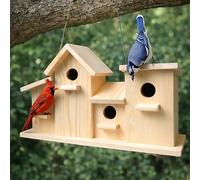 23 Bees 4 Hole Bird House for Outdoors/Indoors, Hanging Kit for Kids & Adults, Decorative Feeder for Bluebirds, Wrens & Chickadees, All-Weather Home Decoration (Wood, 4 Houses)