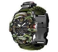 23-in-1 Survival Military Digital Watch, Mens Tactical Multi-Functional and Adjustable Wristband Outdoors Waterproof Sports Dual Dial Watches with Compass Paracord Band, Green Cam, Digital