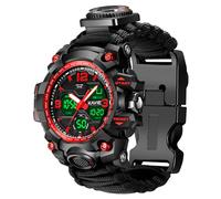 23-in-1 Survival Military Digital Watch, Mens Tactical Multi-Functional and Adjustable Wristband Outdoors Waterproof Sports Watches with Compass Paracord Band, Red, Modern