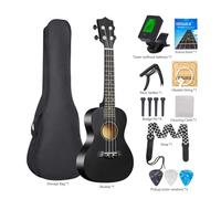 23 Inch Acoustic Ukulele Complete Starter Kit Professional Basswood Wooden Musical Instrument with Storage Bag Strap Tuner Picks Cleaning Cloth for Beginners Students Adults (Black)
