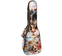 23 Inch Concert Ukulele Case Beautiful Cat Floral Watercolor Ukulele Padded Bag with Storage and Shoulder Straps
