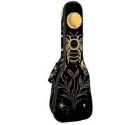 23 Inch Concert Ukulele Case Golden Bee Flowers Phases of The Moon Stars Black Background Ukulele Padded Bag with Storage and Shoulder Straps