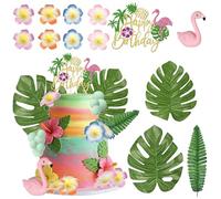 23 Pack Flamingo Cake Topper Figurine Hibiscus Flowers Palm Leaves Happy Birthday Cake Picks Balls Cake Decorations for Summer Hawaiian Beach Tropical Luau Aloha Theme Baby Shower Party Supplies