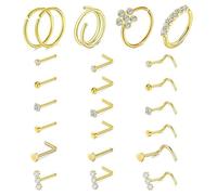 23 Pcs 20G Gold Nose Studs, 14K 316L Surgical Steel, Hypoallergenic Nose Stud Gold, L-Shaped & Corkscrew Noses Piercing with 6A Round CZ Gem, Easy to Wear & Unisex Design Noses Piercing Jewelry