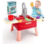 23 Pcs Play Kitchen Sink with Running Water for Toddlers, Water Play Table with Electric Tap/Tableware/Vegetable Fruit, Toy Kitchen with Automatic Water Cycle System for 3-9 Years Old Boys Girls Gifts