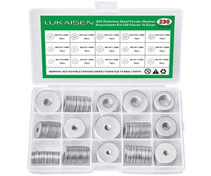 230 Pcs Large Flat Washer Set, 304 Stainless Steel Flat Penny Washers Assortment Kit, 15 Sizes M3/M4/M5/M6/M8/M10/M12 Repair Fender Washer Plain Round Chrome Washers for Screws