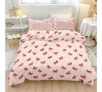 230 x 220 cm Duvet Cover Set, Reversible Bows Polka Dots Printed Bedding with Soft-Touch Fabric and Cute Romantic Inspired Design, Red And Pink