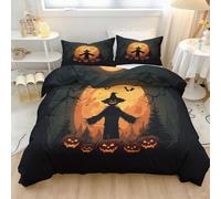 230 x 220 cm Duvet Cover Set, Reversible Full Moon Scarecrow Pumpkin Printed Bedding with Soft-Touch Fabric and Dark Illustration Inspired Design, Orange And Black