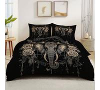 230 x 220 cm Printed Microfiber Duvet Cover Sets, Black Reversible Soft Easy Care Anti-Allergy Microfiber Bedding Sets - Dark Dream Catcher Rose Flowers Animals Elephants Theme Quilt Cover