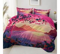 230 x 220 cm Printed Microfiber Duvet Cover Sets, Pink Reversible Soft Easy Care Anti-Allergy Bedding Sets - Dreamy Plants Vines Sunset Theme Quilt Cover for Children and adolescents Bedroom