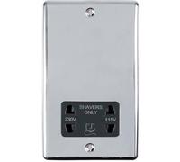 230V & 115V Shaver Twin Socket Wall Plate Chrome & Black Trim 86mm X 146mm