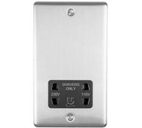 230V & 115V Shaver Twin Socket Wall Plate Satin Steel & Black Trim 86mm X 146mm