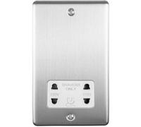 230V & 115V Shaver Twin Socket Wall Plate Satin Steel & White Trim 86mm X 146mm