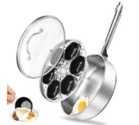 23cm Egg Fryer Pan with 6 Cup,Nonstick Stainless Steel Egg Poacher Induction Safe Poached Maker with Glass Lid and Grip Black Handle