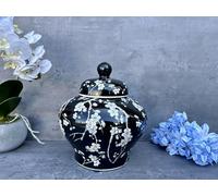 23cm Squat Ginger Jar - Black & White Blossom Floral Ceramic Storage Vase