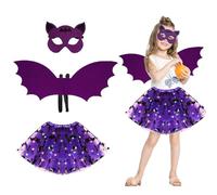 23GUANYI 3 Piece Bat Costume for Kids, Purple Girls Halloween Costume Set with Bat Wings Mask and Tutu Dress with Built-in LED Fairy Lights for Halloween Cosplay Party