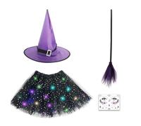 23GUANYI Kids Witch Costume, Girls Halloween Costume with Witch Hat Broom and Tattoo Sticker, Glow in the Dark Tutu Fancy Dress for 3-8 Years Girls Halloween Role-Playing (Multi)