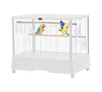 23in Bird Flight Cage, Carbon Steel Standing Birdcage with Rolling Stand and Storage Shelf, Bird Cage with Slide-Out Grate for Cockatiel Sun Conure Parakeet Finch Budgie Lovebird Canary, White