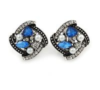 23mm Tall/Marcasite Square Blue/Clear Crystal White Faux Pearl Clip On Earrings In Aged Silver Tone