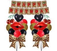 23Pcs Cheetah Cherry Birthday Decorations, Happy Birthday Banner with Red Black Cheetah Balloons, Lips Black Heart Bow Foil Balloons for Girls Women Safari Leopard Birthday Party Decorations