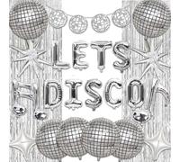 23Pcs Disco Party Decorations - Dancing Queen Disco Ball Decorations, Including Lets Disco Letter Balloon Musical Note Balloons Exploding Star Balloon Silver Foil Rain Curtain 70s Disco Party Supplies
