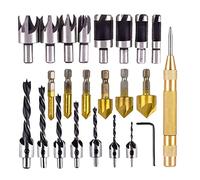 23pcs Drill Bit Set, 6 Countersink Drill Bits, 7 Three Pointed Countersink Drill Bits with L-Wrench, 8 Wood Plug Cutter Drill Bits, for Wood DIY Door Window Cabinet