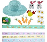 23Pcs Easter Egg Hunt Kit | Printed Design Polyester Easter Ribbons | Natural Straw Kids Easter Hat, Gifts for Kids Easter Activities, Hat Size-52cm