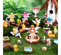 23Pcs Fairy Garden Accessories Miniature Fairies Figures Garden Table and Chairs Set Resin Mini Mushroom Rabbit Squirrel Animals Lights Bridge for Micro Landscape Plant Pots Dollhouse Cake Decor